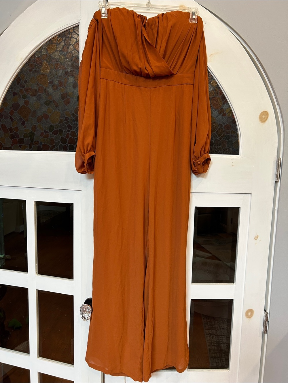Fashion Nova Rust Orange Off-Shoulder Long-Sleeve Jumpsuit
